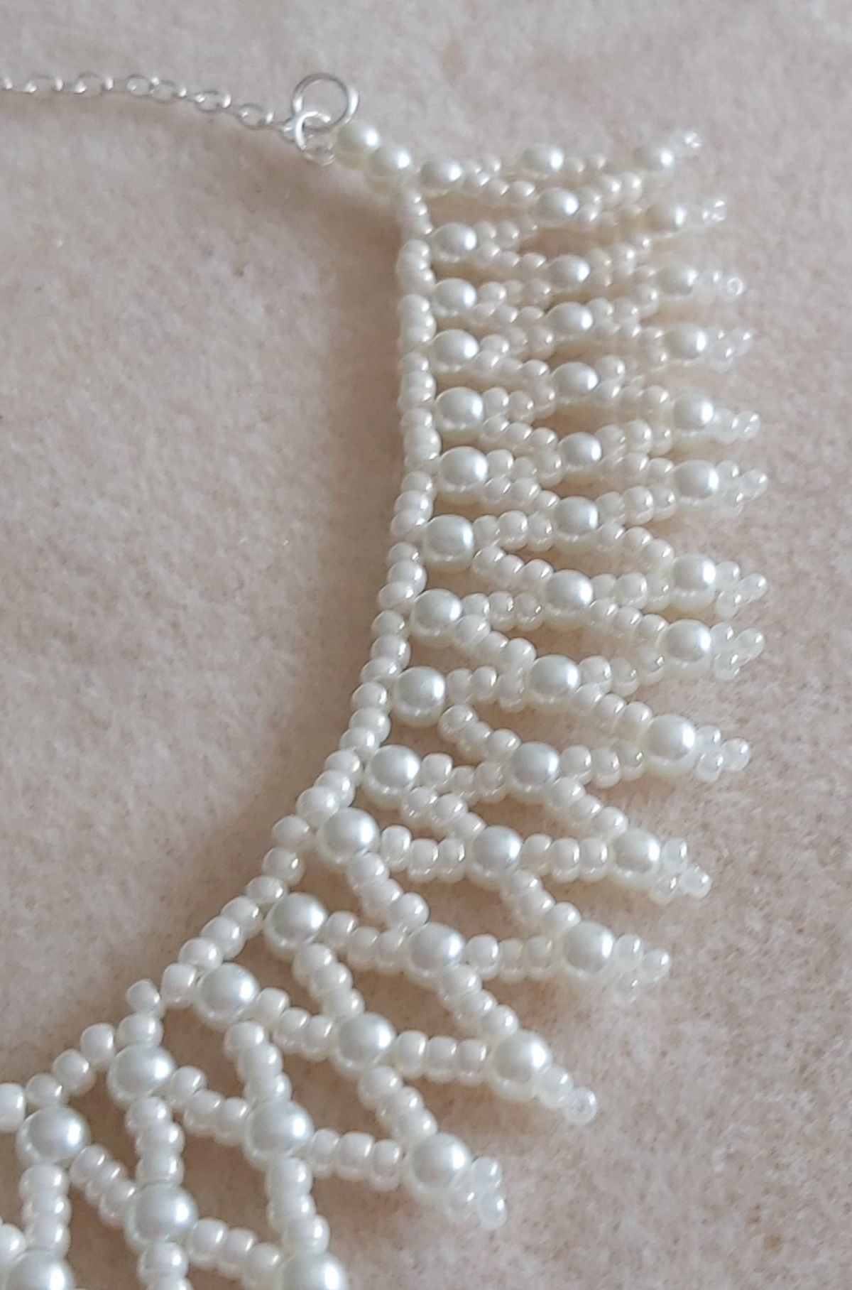 Pearl white seed bead netting necklace