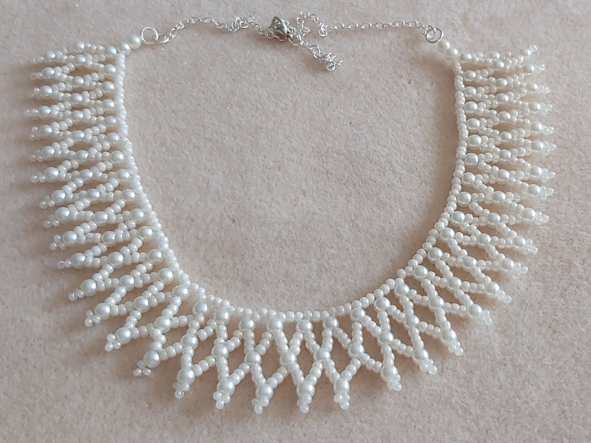 Pearl white seed bead netting necklace