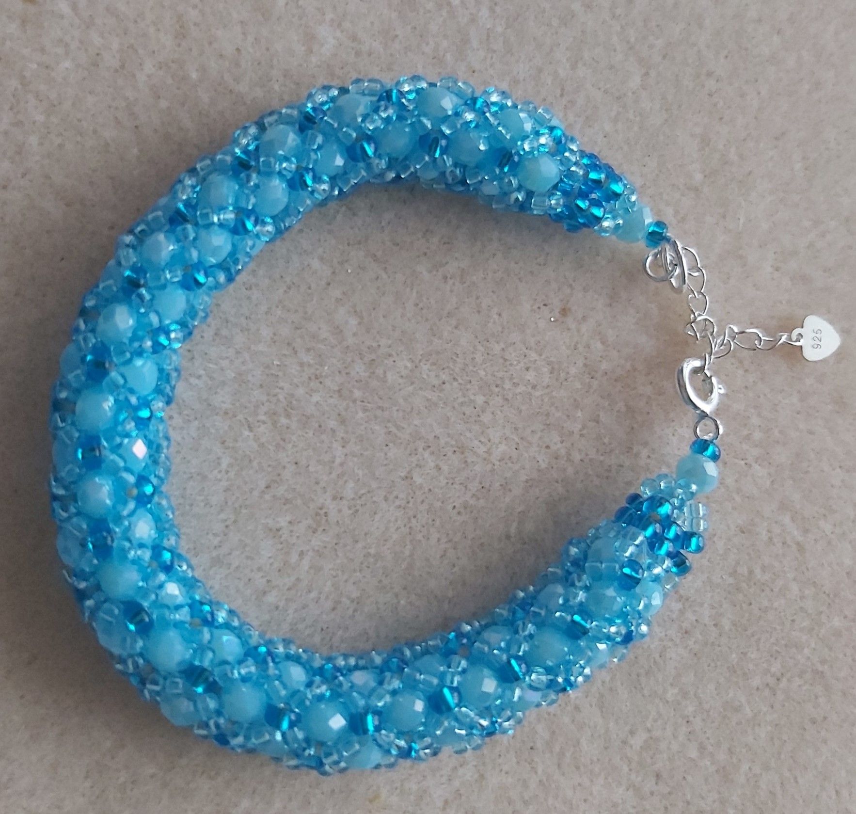 Transparent Blue White Luster 4mm Faceted Rondelle Crystals & Miyuki Opaque Blue seed beads, Sterling Silver Clasp