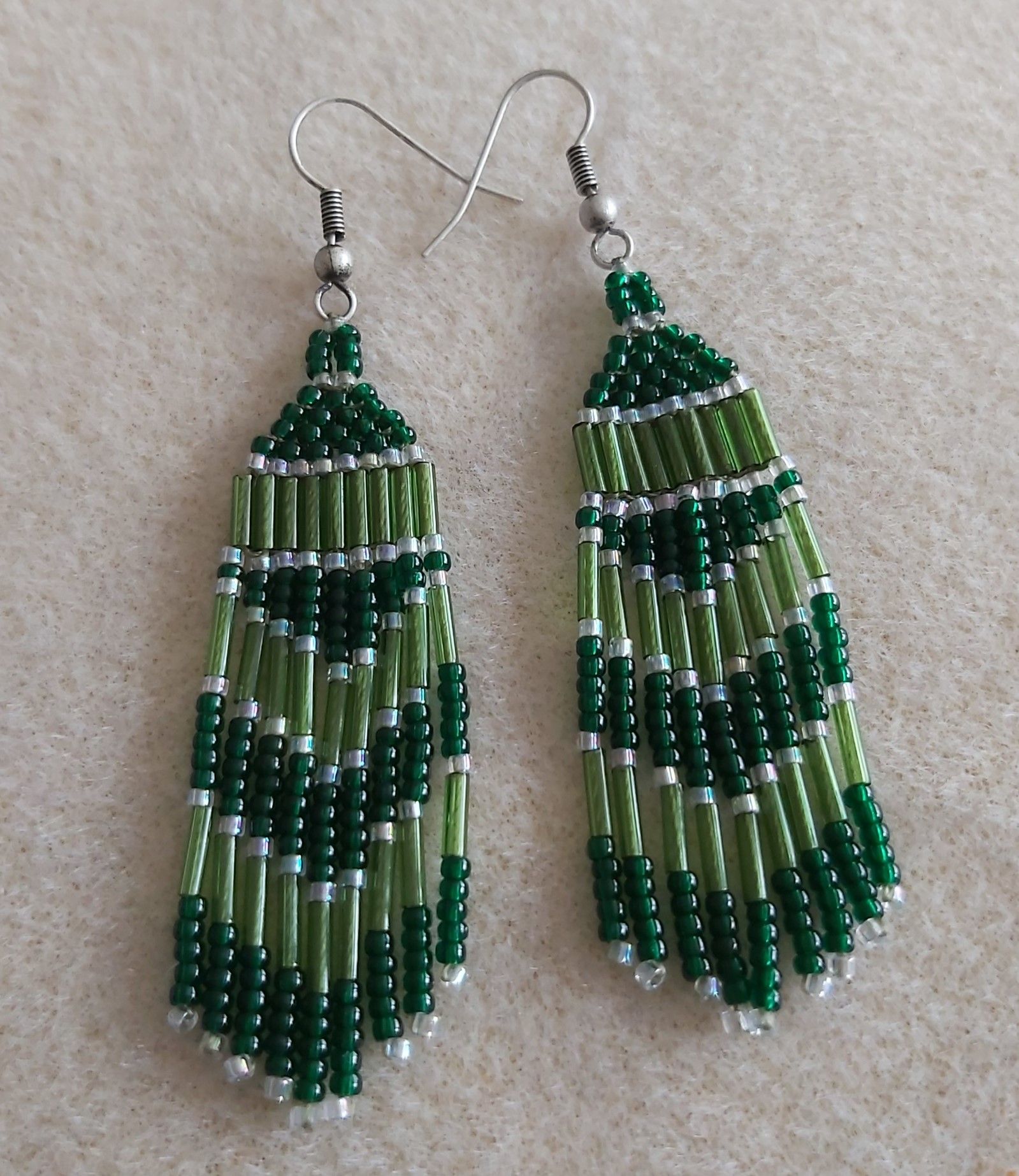 Native American Fringe Earrings - Transparent Oliver Bugle Beads and Dark Emerald and Crystal 11/O Seed Beads.