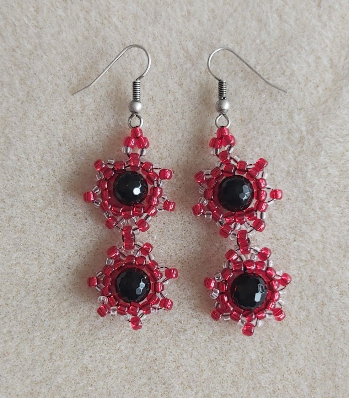 Genuine 8mm Black Agate (Approx.12cts) Earrings with Toho 8/0 Silver Lined Ruby seed beads