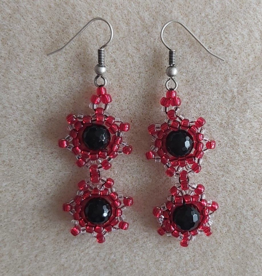 Genuine 8mm Black Agate (Approx.12cts) Earrings with Toho 8/0 Silver Lined Ruby seed beads