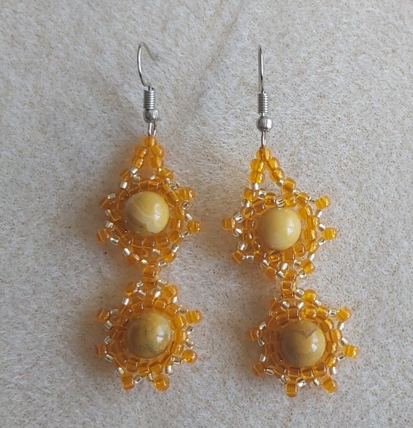 Genuine Crazy Lace agate 8mm Gemstones (Approx.13cts) Earrings with Toho 8/0 Transparent Lt Hyacinth (Orange) Seed Beads