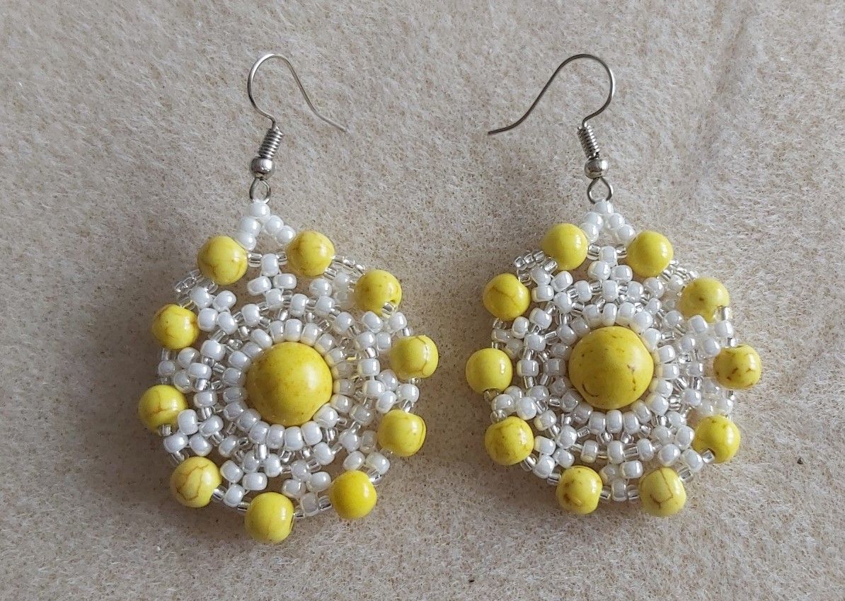 Handmade Yellow Howlite 10mm and 6mm Gemstones wrapped in white and Silver Seed Bead Earrings.