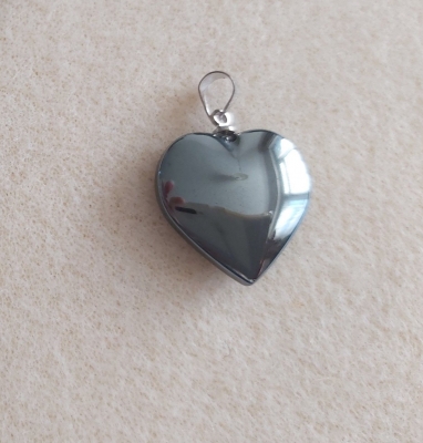 Shiny Hematite heart pendant - (With 18" Black Cord Chain with a 2" extension) Heart 20mm x 20mm.