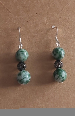Genuine Green Spot Jasper and Black Plated Filigree bead Earrings with 925 Silver Hooks.