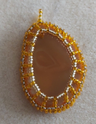 Orange Agate Gemstone slice with Toho 11/0 Transparent Lt Hyacinth & Miyuki Seed Beads -11/0 Gold Seed beads, with Cord Chain.
