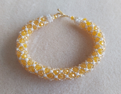 handmade-item handmade-gifts Transparent Sunflower 4mm Faceted Rondelle, Miyuki White Pearl seed beads. 7.5" 



