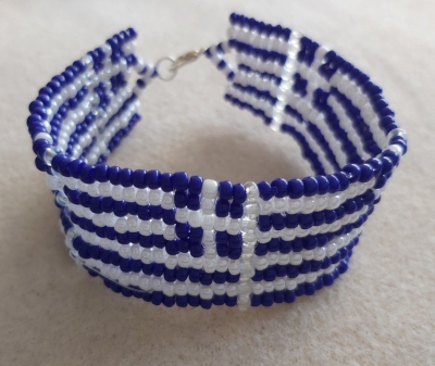 handmade-item handmade-gifts Hand Made Greek Flag Herring Bone Stitch Seed Bead Bracelet using 8/o Miyuki seed beads.  Silver Plated Clasp.