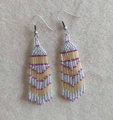 Native American Fringe Earrings - Light Topaz Bugle Beads and Magenta and Pewter 11/O Seed Beads - Burnished Silver Plated Hooks.