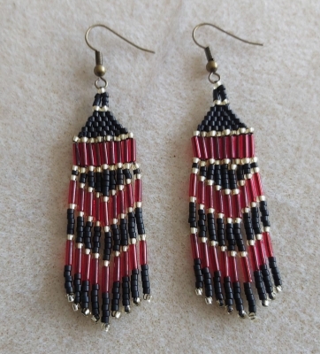 Native American Fringe Earrings - Red Bugle Beads and Black and Gold 11/O Seed Beads - Burnished Gold Plated Hooks