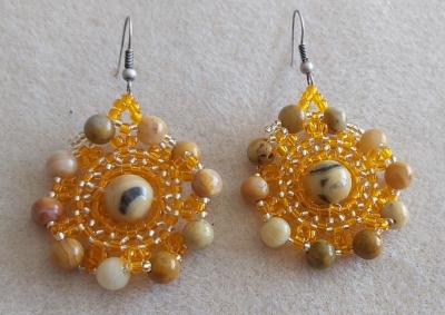 Handmade Crazy Lace Agate 10mm and 6mm Gemstones wrapped in 8/0Transparen - Lt Hyacinth Seed Bead Earrings.
