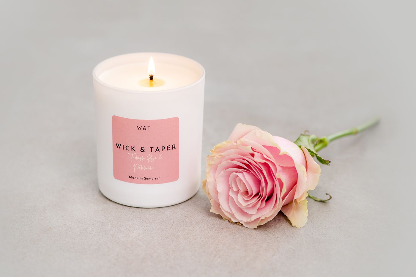 TURKISH ROSE & PATCHOULI FRAGRANCED CANDLE BY WICK AND TAPER