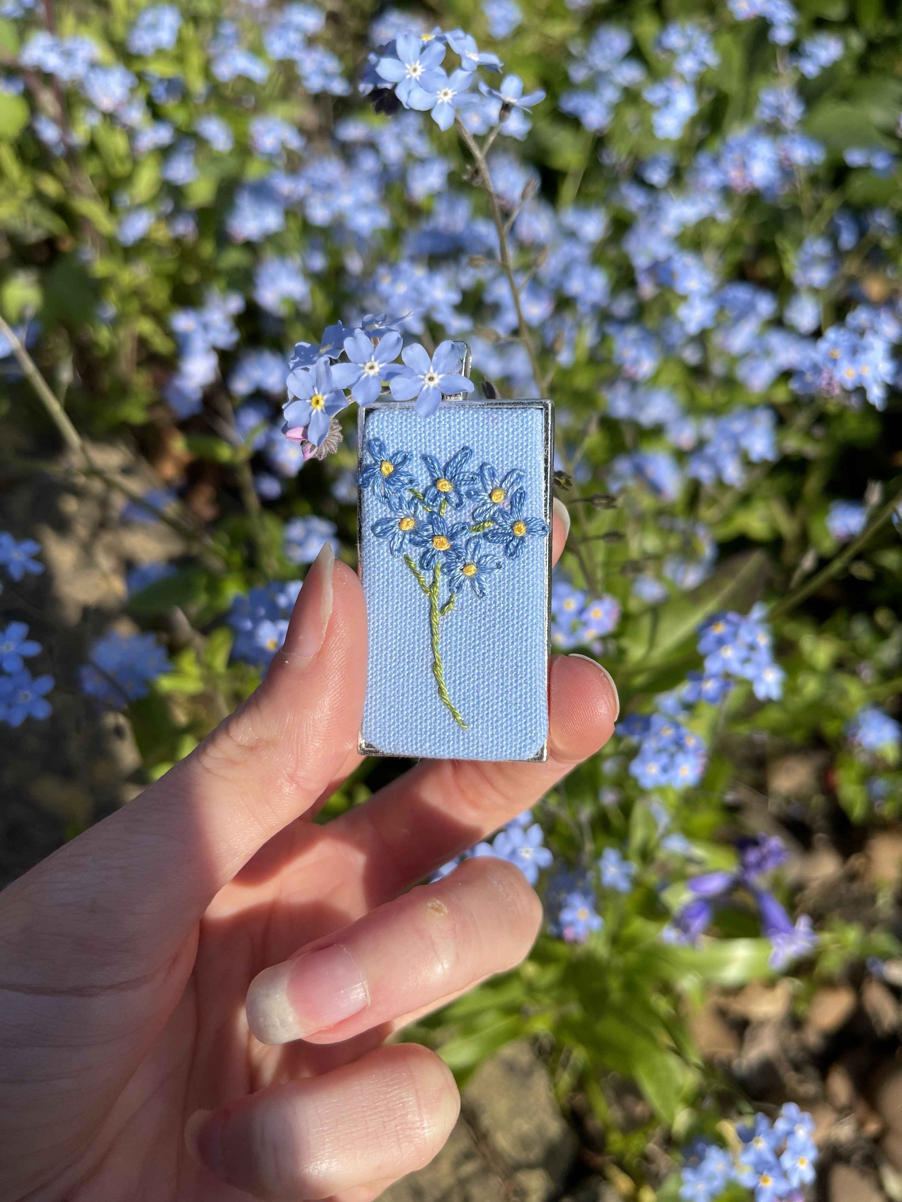Forget-me-not hand- embroidered Pendant 
