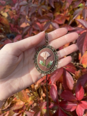 Hand-embroidered blush thistle pendant 