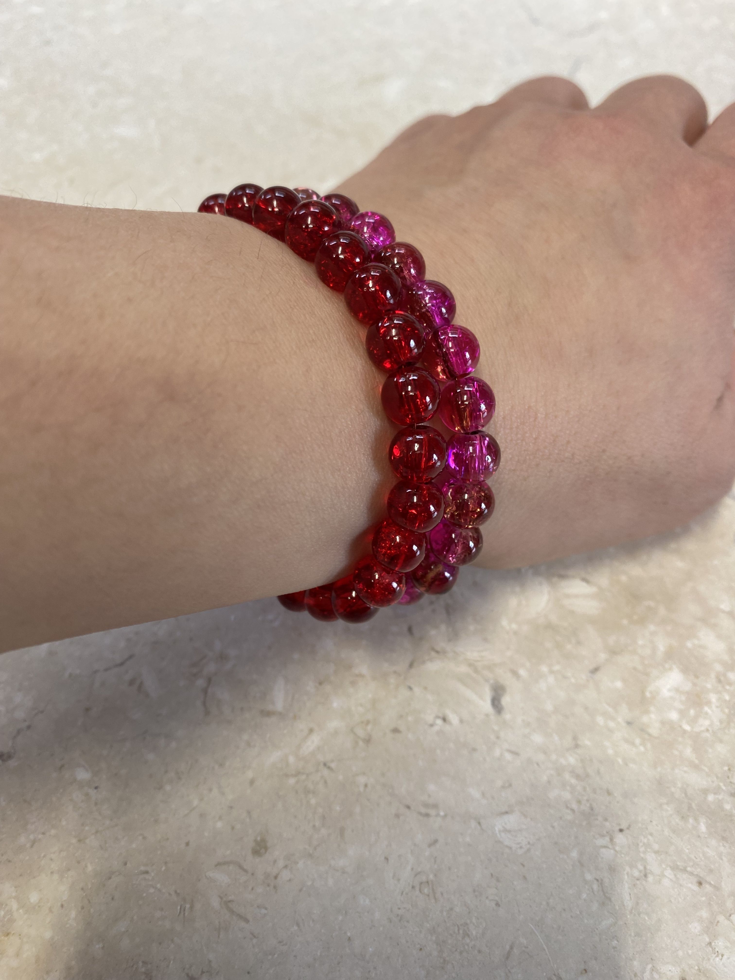 Set of 2 Stackable Glass Beaded Bracelet (Shades of Red) - Stackable Crackle Glass Beaded Bracelet - Handmade Glass Beaded Bracelet