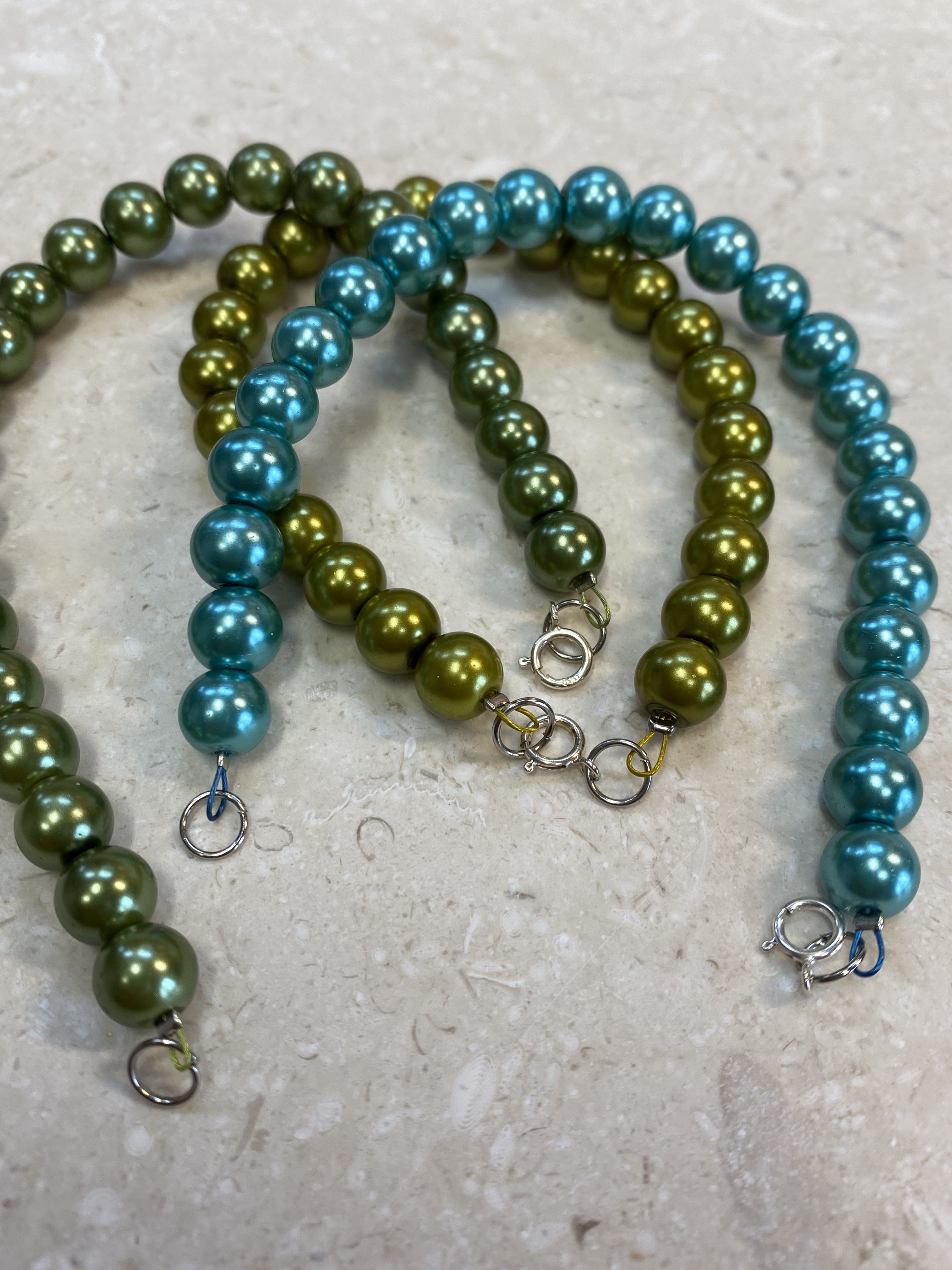 Set of 3 Stackable Faux Pearl Beaded Bracelet (Shades of Green & Aqua) - Stackable Faux Pearl Beaded Bracelet - Handmade Faux Pearl Bracelet