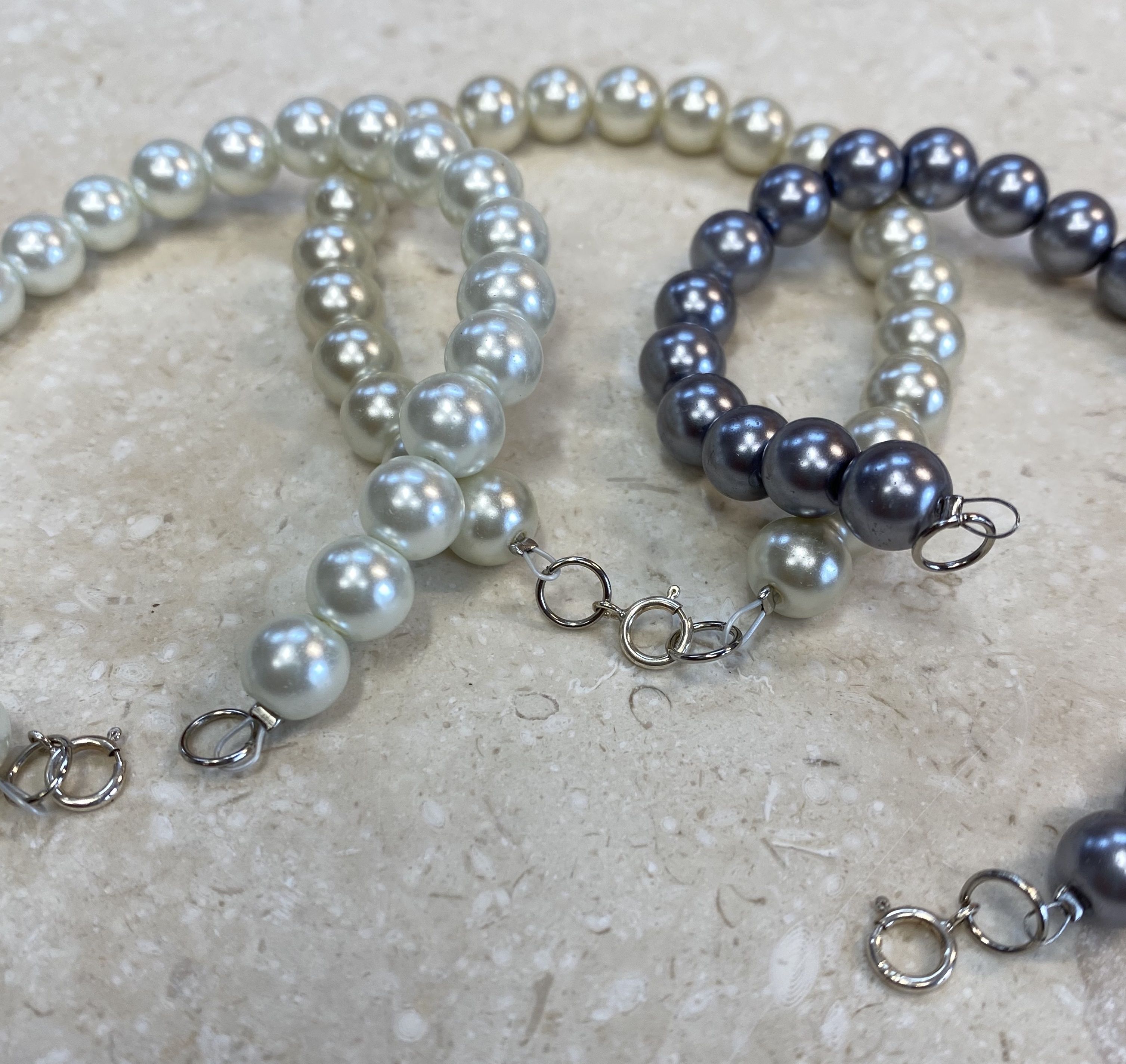 Set of 3 Stackable Faux Pearl Beaded Bracelet (Shades of Grey & White) - Stackable Faux Pearl Beaded Bracelet - Handmade Faux Pearl Bracelet
