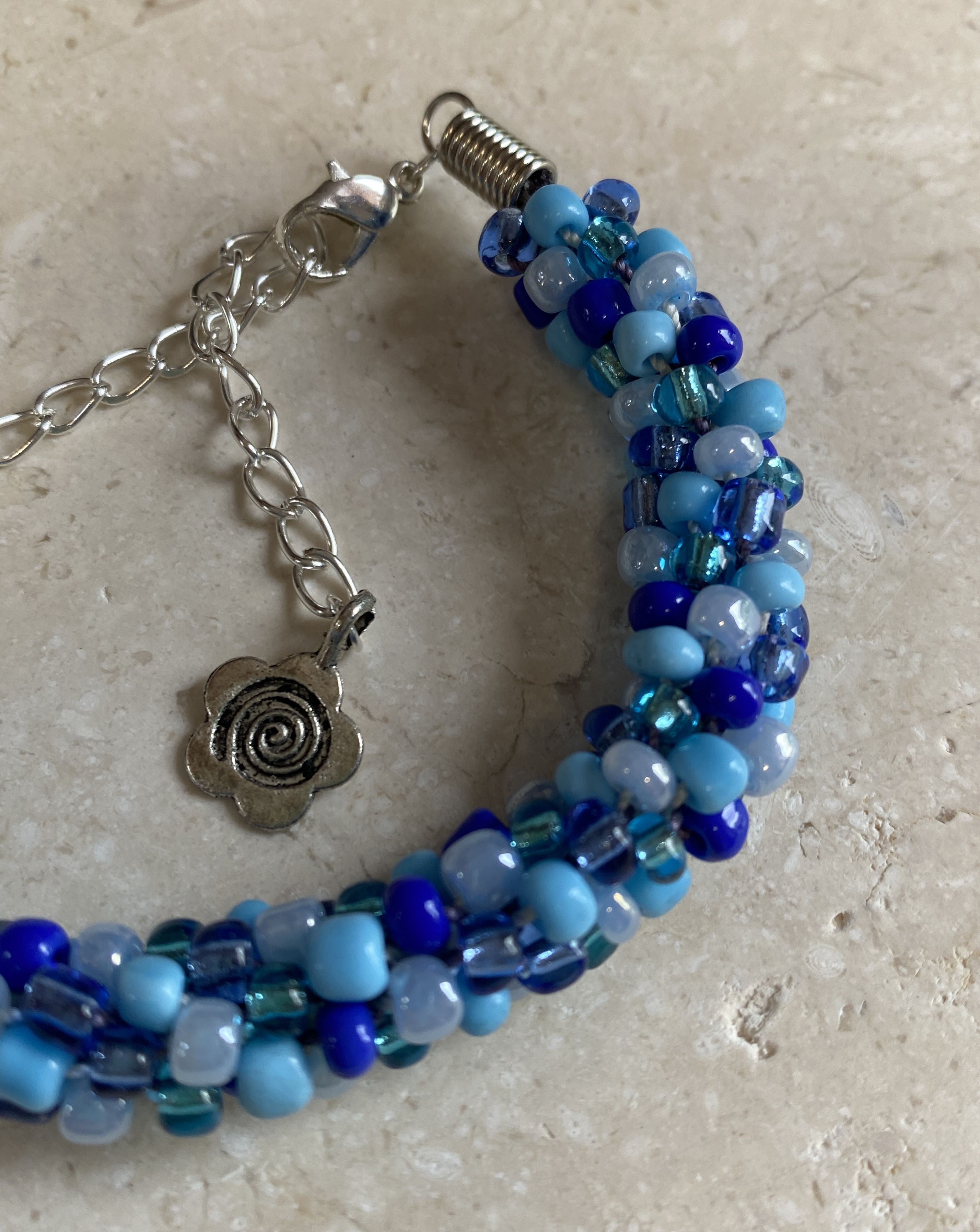 Kumihimo Woven and Beaded Bracelet - Mixed Blue Seed Beads - Handmade Japanese Wristband/Bracelet