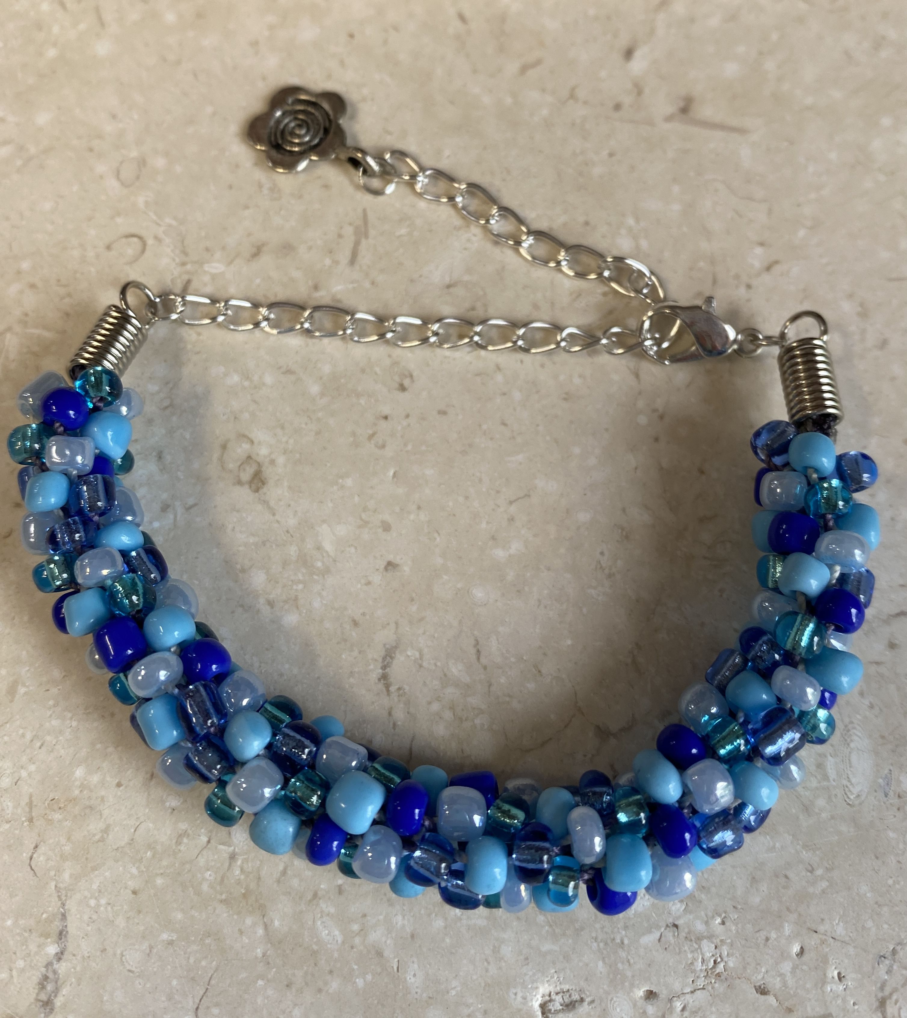 Kumihimo Woven and Beaded Bracelet - Mixed Blue Seed Beads - Handmade Japanese Wristband/Bracelet