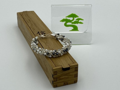 Kumihimo Woven and Beaded Bracelet - Grey, White, Clear and Silver - Handmade Japanese Wristband/Bracelet - Includes Wooden Presentation Box