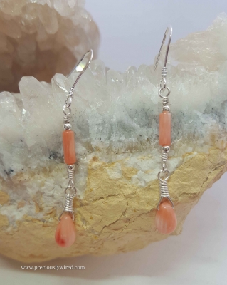 Salmon-Pink Coral Sterling Silver Long Drop Earrings