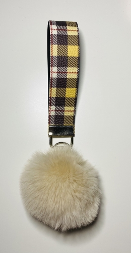 Wristlet keychain with a pom pom yellow & black check/ Cream 