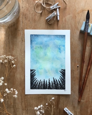 Northern Lights Forest - Watercolour Painting 