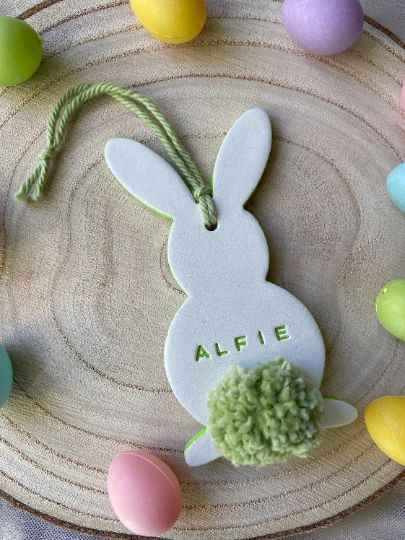 Personalised Easter Bunny Hanging Ornament, Easter Bunny Clay Decoration, Children’s Easter Gift, Personalised Easter Decoration, clay bunny