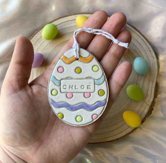 Personalised Easter Egg Hanging Ornament, Easter Egg Clay Decoration, Children’s Easter Gift, My First Easter Gift, Clay Decoration