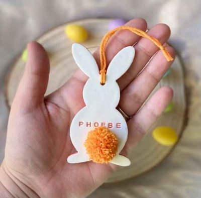 Personalised Easter Bunny Hanging Ornament, Easter Bunny Clay Decoration, Childrenâ€™s Easter Gift, Personalised Easter Decoration, clay bunny