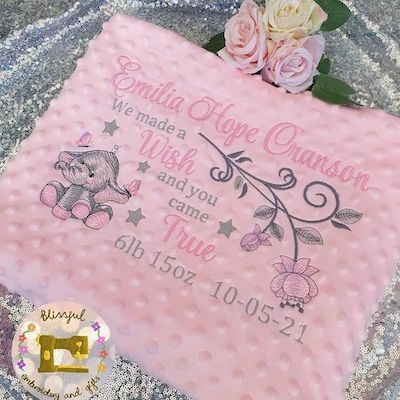 handmade-item handmade-gifts Baby birth blanket, personalised embroidered blanket with birth details, elephant baby blanket