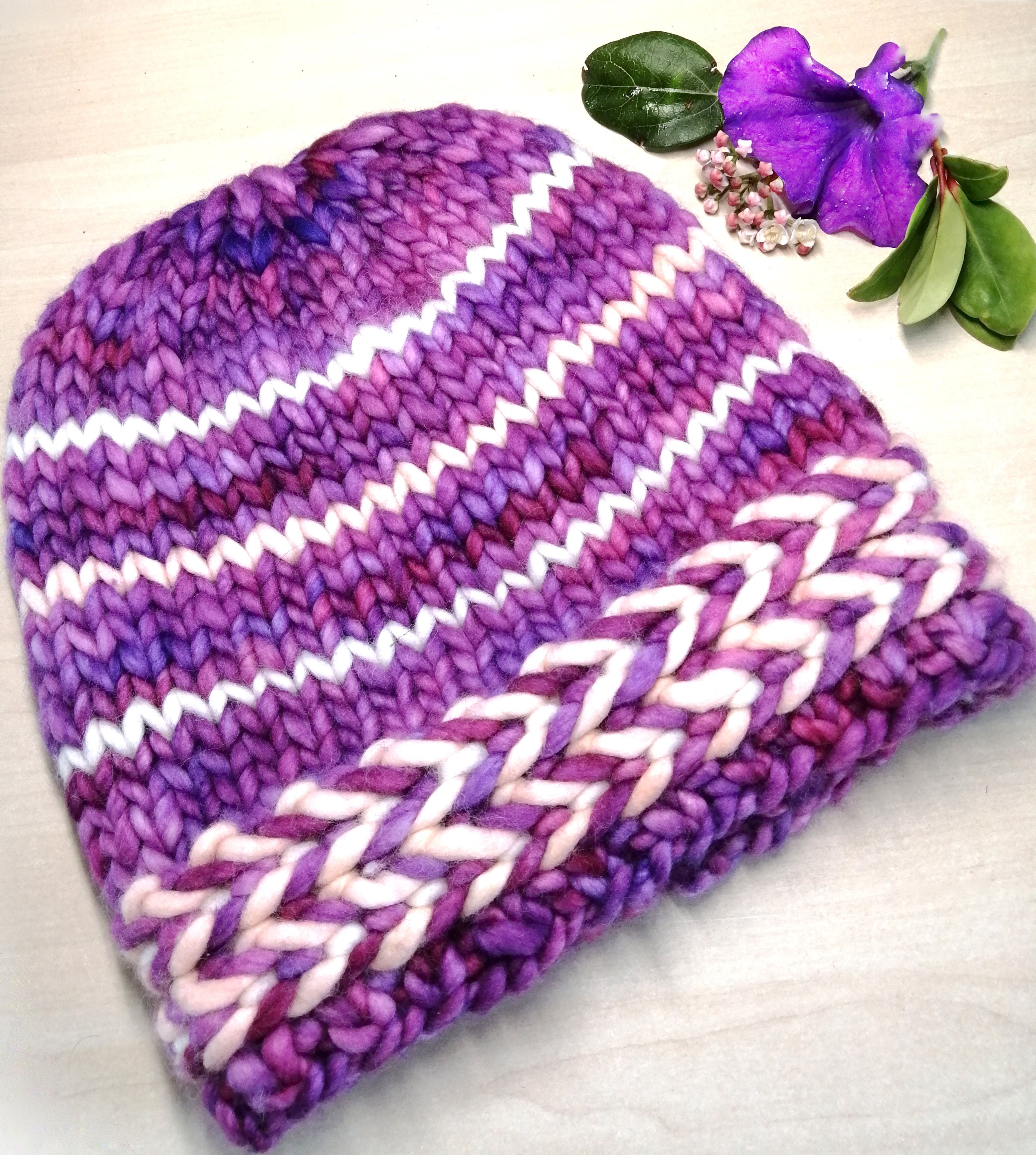 Luxury merino wool beanie / hat in super chunky, hand-dyed yarn, with handmade luxury pom. Adult sized