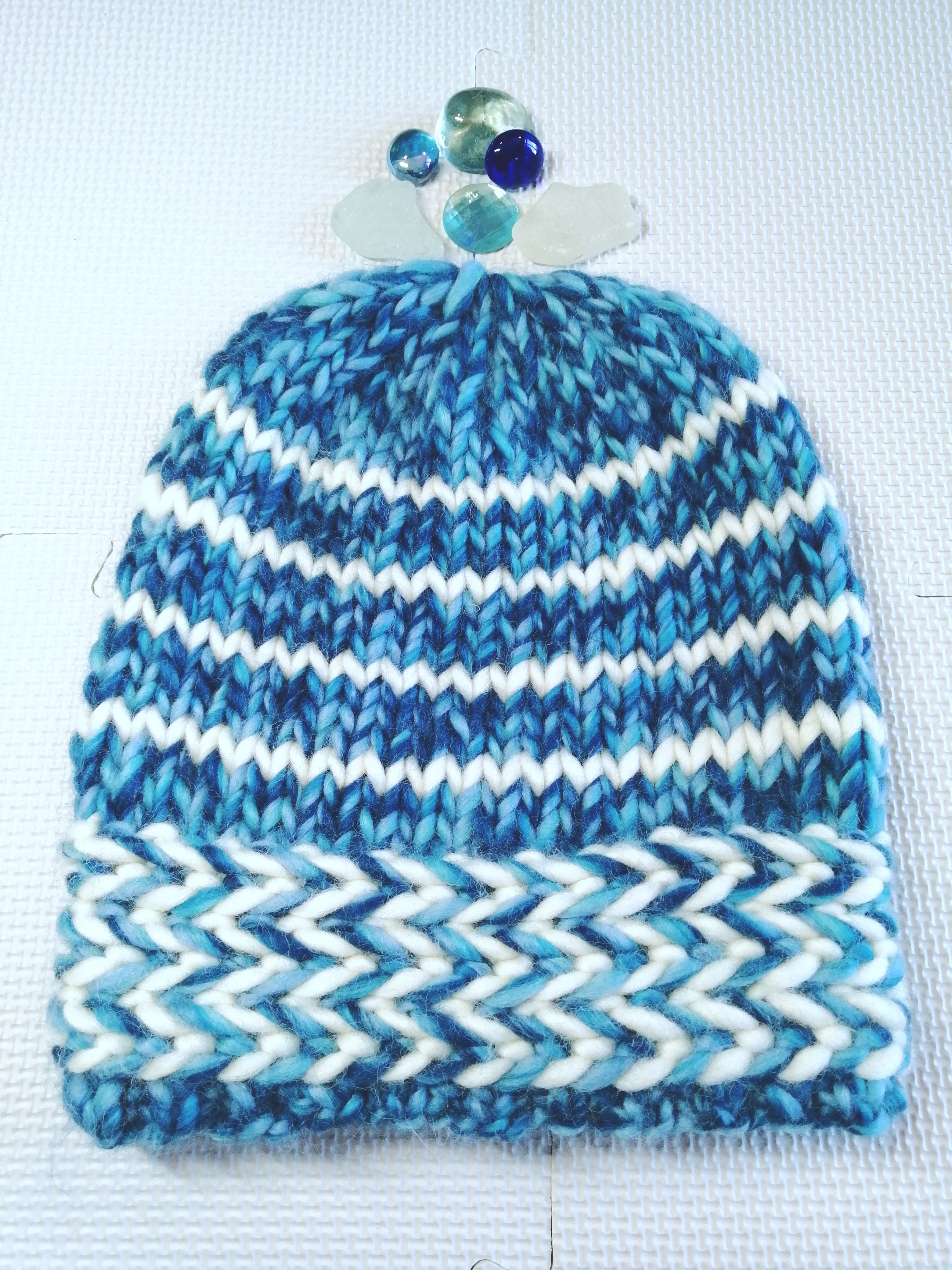 Blue merino wool beanie / hat hand knit in super chunky yarn with faux fur white pom (optional). Adult sized