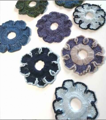 Flower Scrunchie hair ties, hand knit in Pima Cotton and Cotton/Bamboo yarns