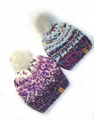 Super chunky 'Potpourri' beanies / hats in premium, hand dyed merino wool, with detachable faux fur pom. Adult size