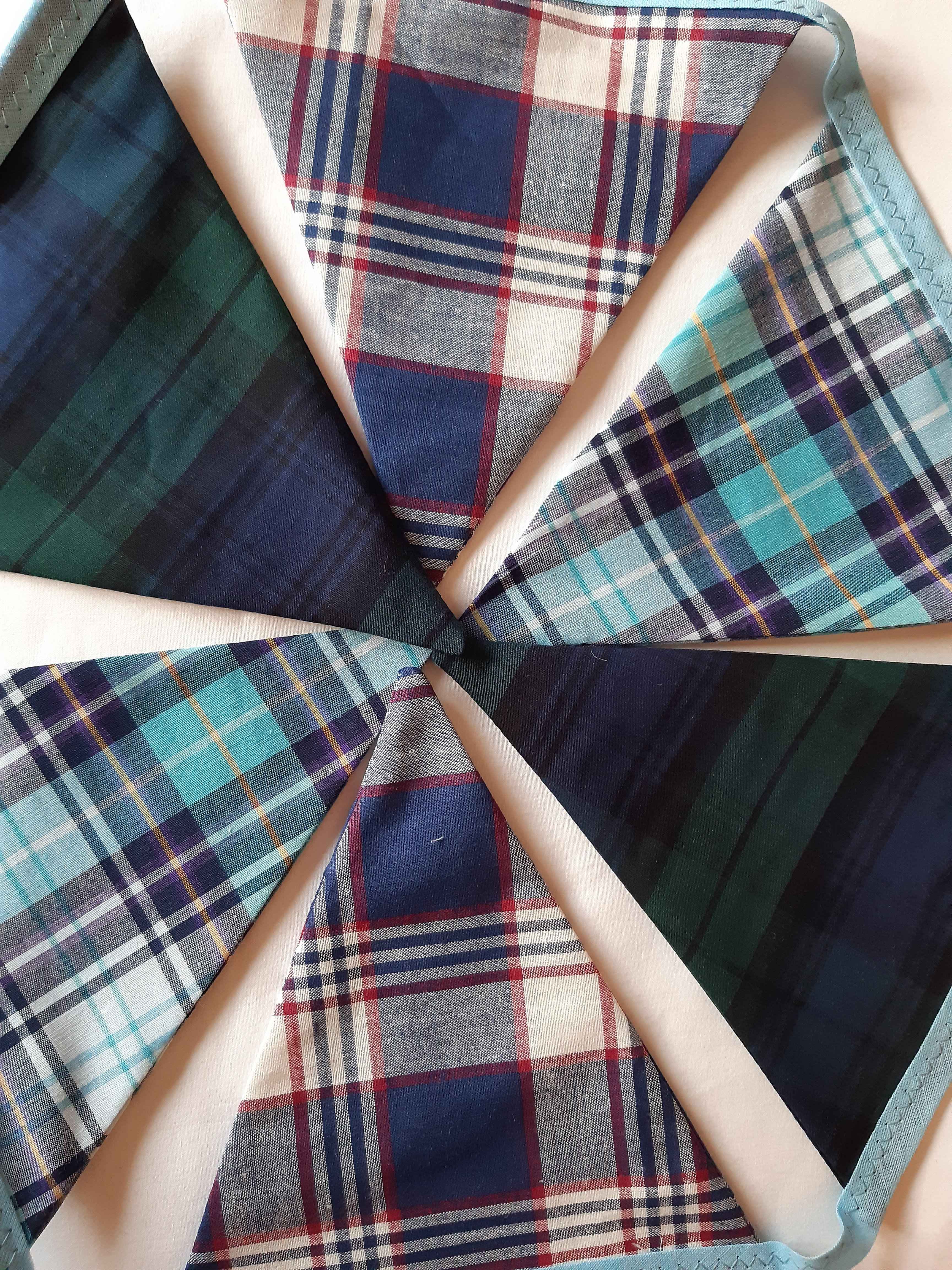 Scottish tartan bunting in greens, reds and blues