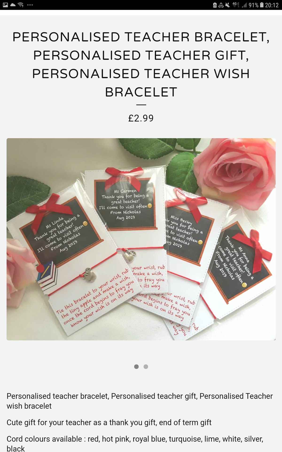Personalised teacher bracelet, Personalised teacher gift, Personalised Teacher wish bracelet