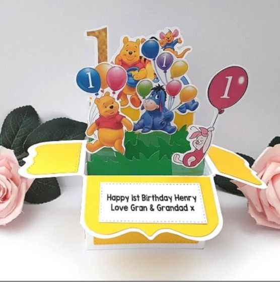 Personalised Winnie Pooh Pop Up Card Box, Personalised Winnie Pooh Centrepiece (ANY AGE)
