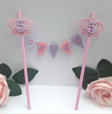 Personalised Princess 👑Bunting Cake Topper 🎂 ANY AGE Crown Cake Topper 🎉