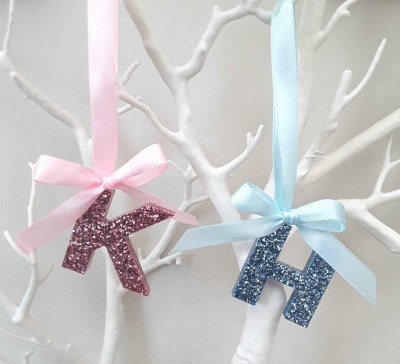 Baby Hanging Glitter Resin Initial, Initial Tree Decoration, Letter Tree Decoration, Personalised Christmas Tree Decoration