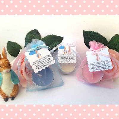 FULLY ASSEMBLED Baby Shower Candle Favour,Peter Rabbit Baby Shower
