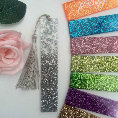 Personalised glitter flakes resin bookmark