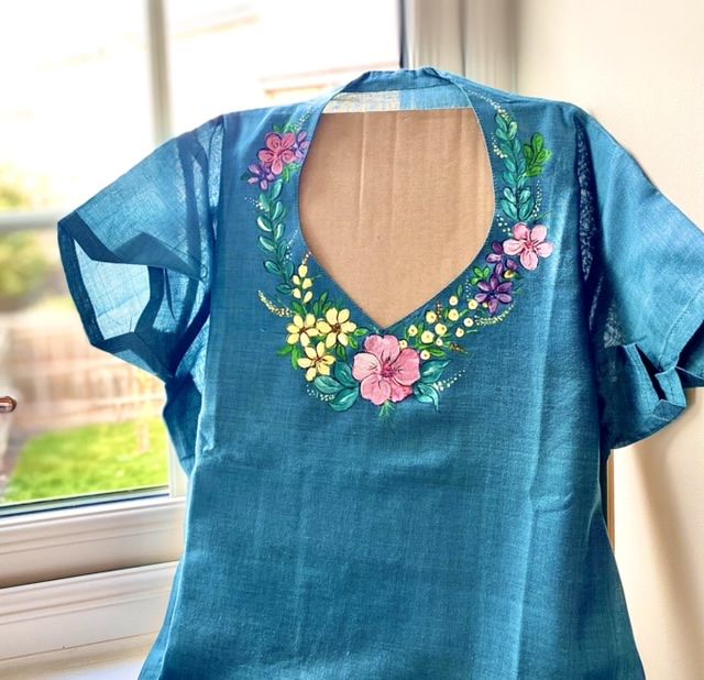 Hand painted Silk Tunic Top  with beautiful neck line 