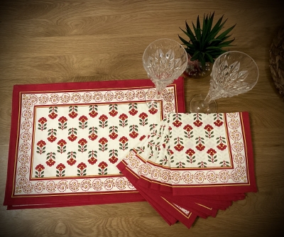 Hand block printed Table mats & Napkins in pure cotton canvas & soft cotton fabric 
Set of 6