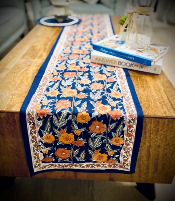 Hand block print Table runner in pure cotton canvas 