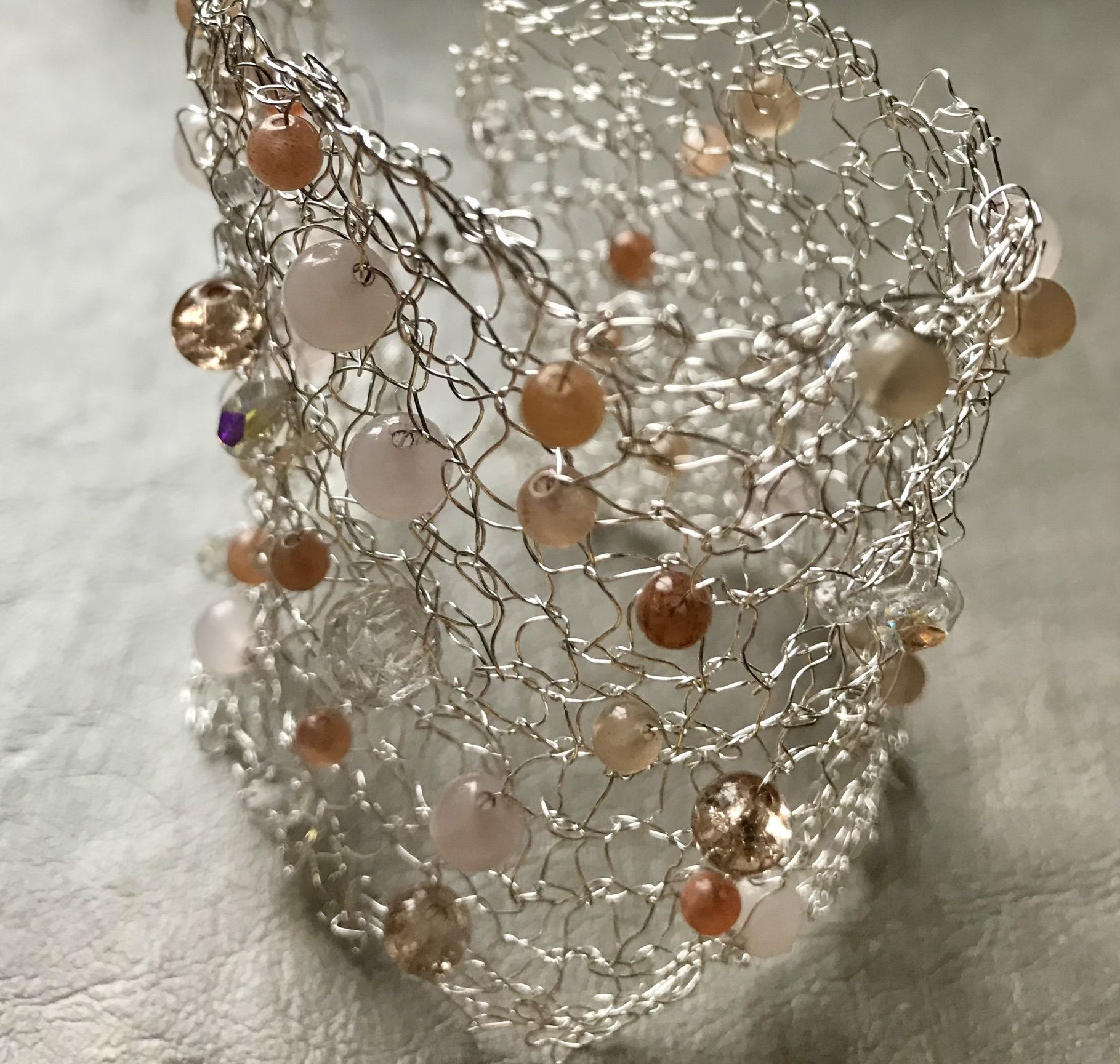 Crystal and rose quartz wide gemstone silver wire knit bracelet
