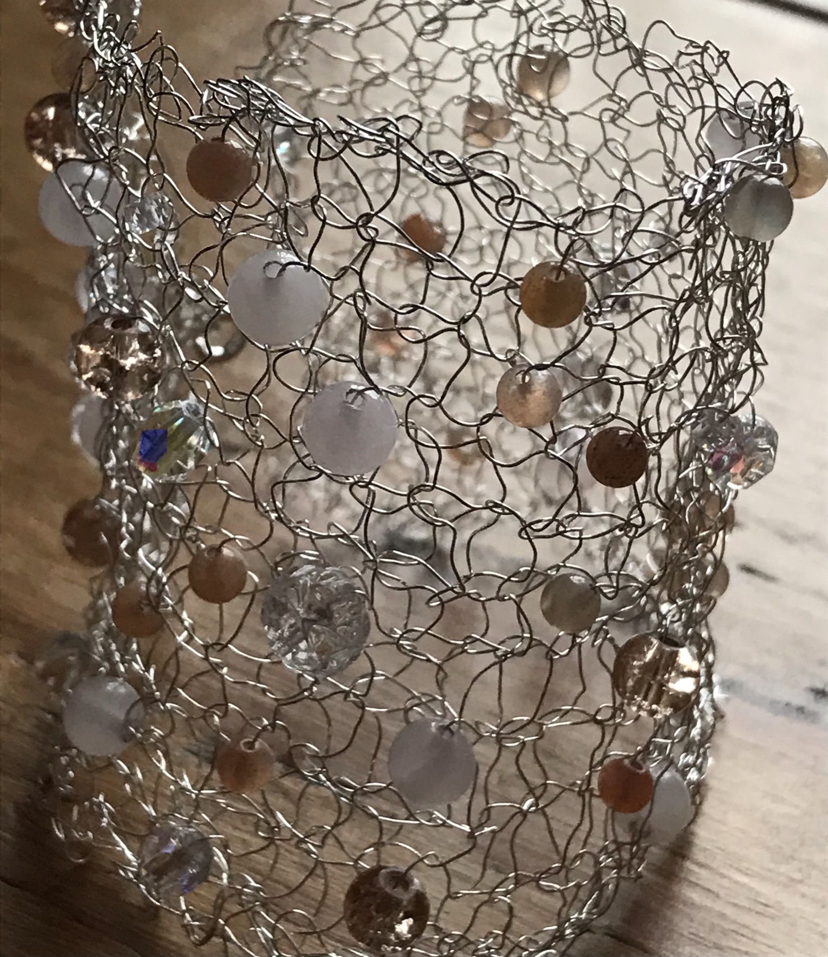 Crystal and rose quartz wide gemstone silver wire knit bracelet