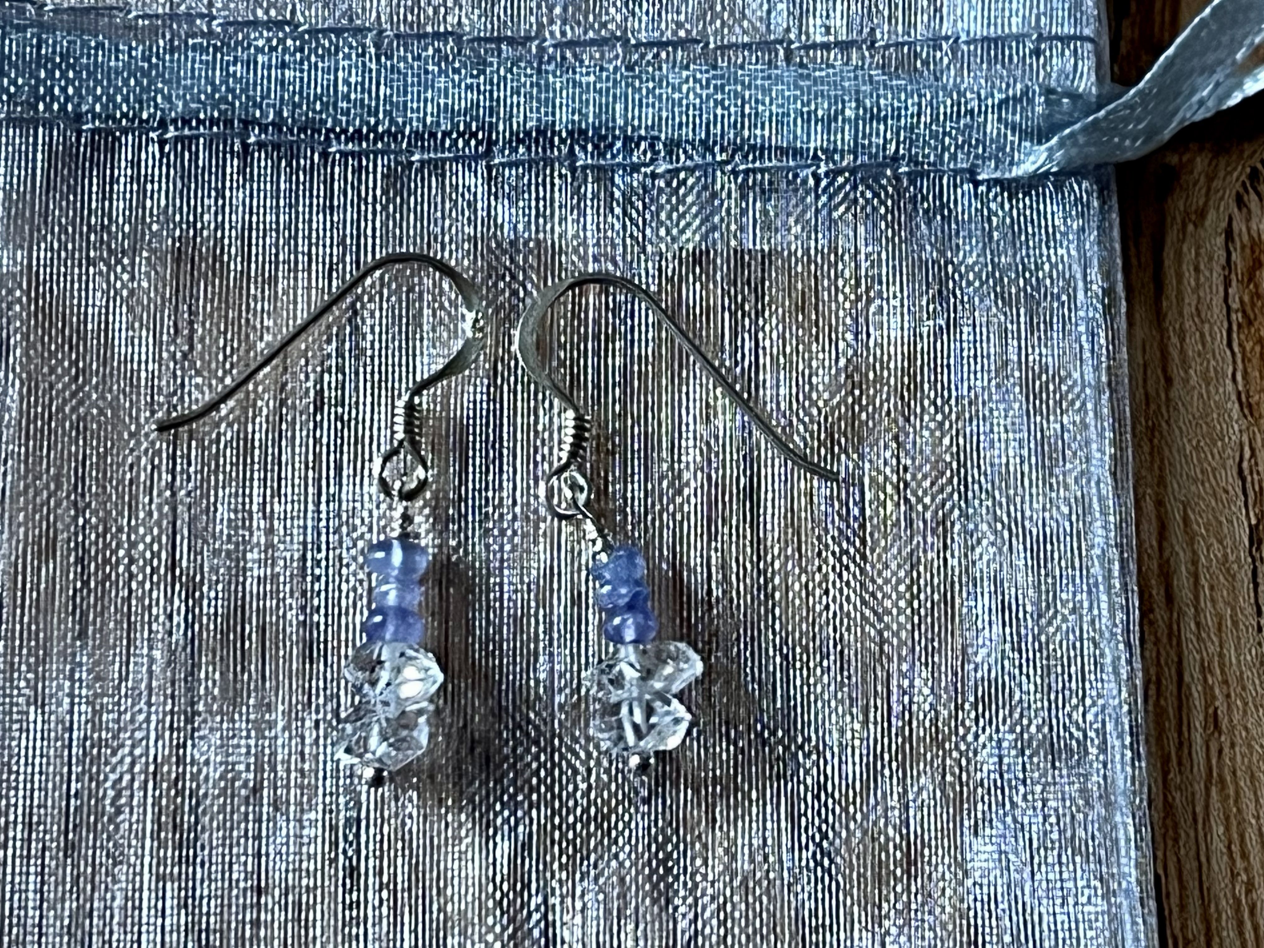 Blue Tanzanite gemstone quartz diamond December birthstone Herkimer crystal bead silver dangle earrings 