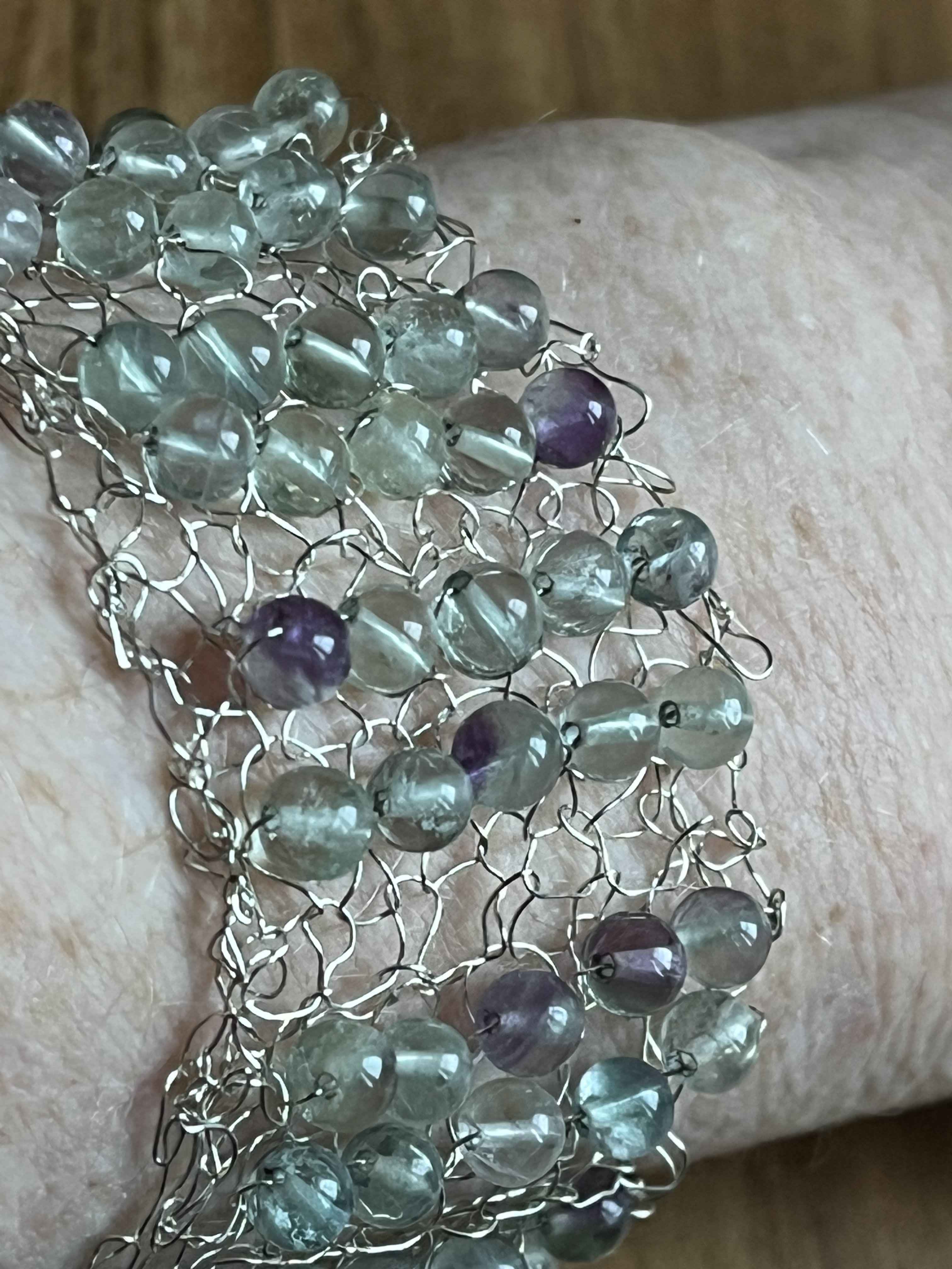 Purple and green silver fluorite beaded gem bracelet